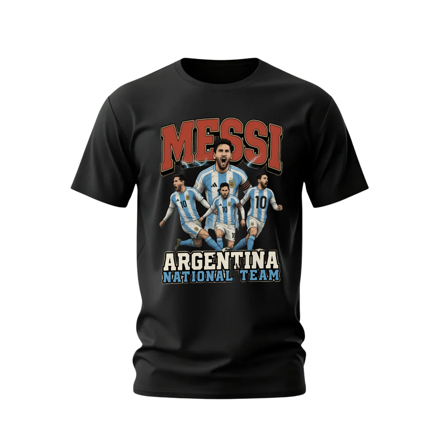 Black t-shirt with Messi and Argentina National Team graphics on a white background