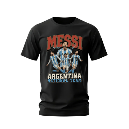 Black t-shirt with Messi and Argentina National Team graphics on a white background
