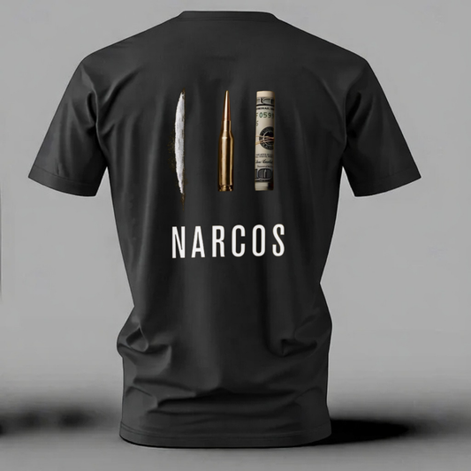 Black t-shirt with 'Narcos' design on the back against a gray background