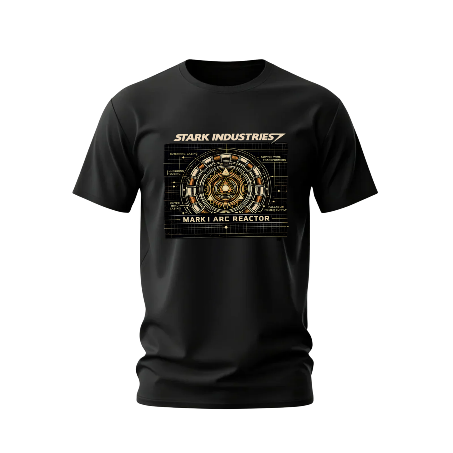 Black t-shirt with Stark Industries design on a white background