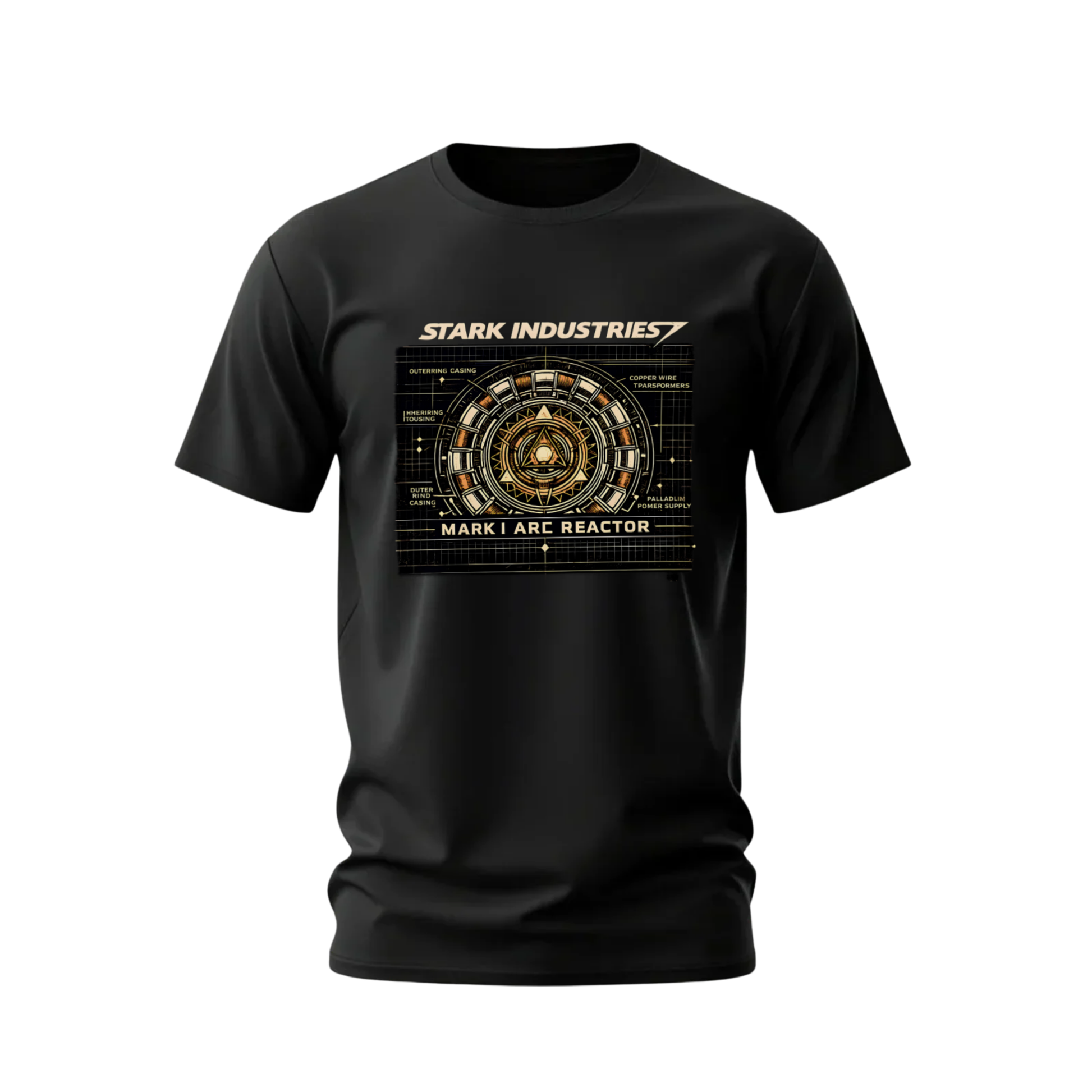 Black t-shirt with Stark Industries design on a white background