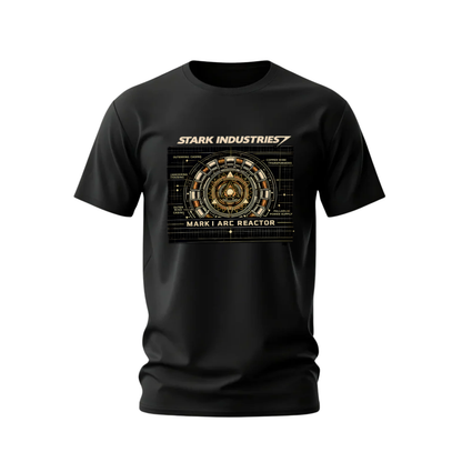 Black t-shirt with Stark Industries design on a white background
