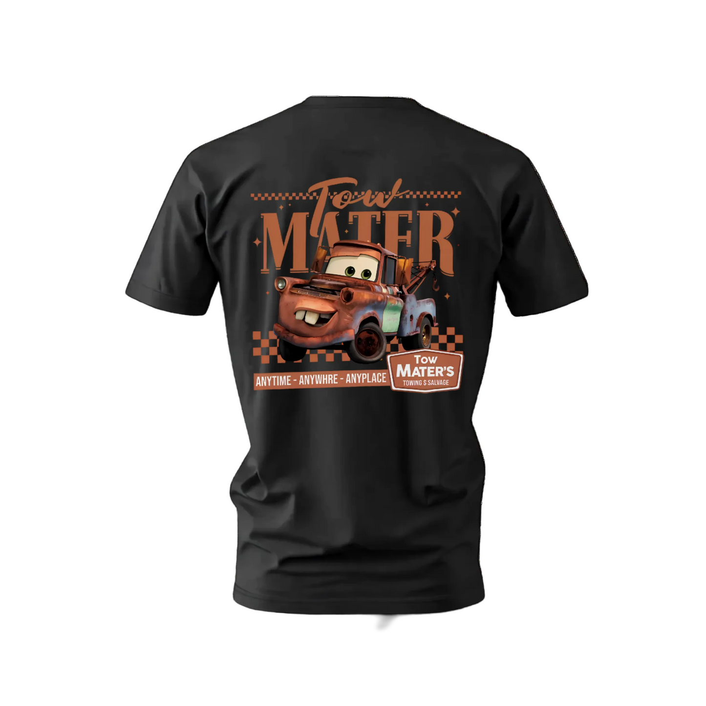 Black t-shirt with Tow Mater graphic on a white background