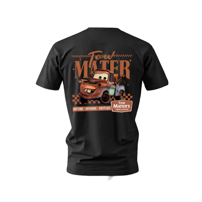 Black t-shirt with Tow Mater graphic on a white background