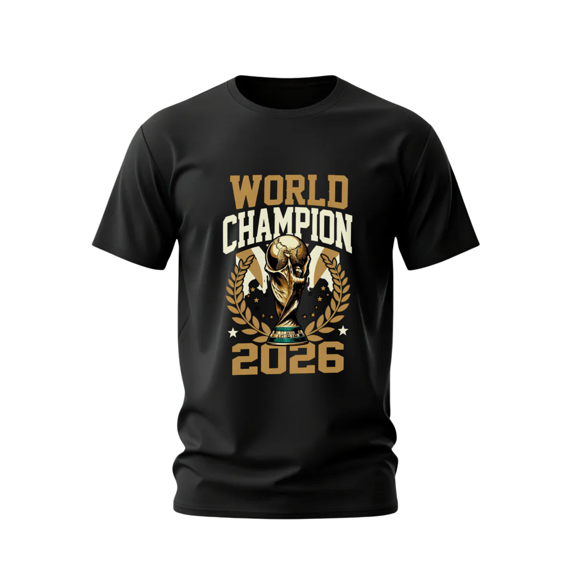 Black t-shirt with 'World Champion 2026' graphic design on a white background