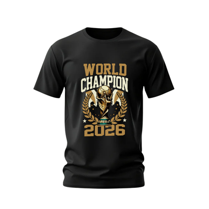 Black t-shirt with 'World Champion 2026' graphic design on a white background