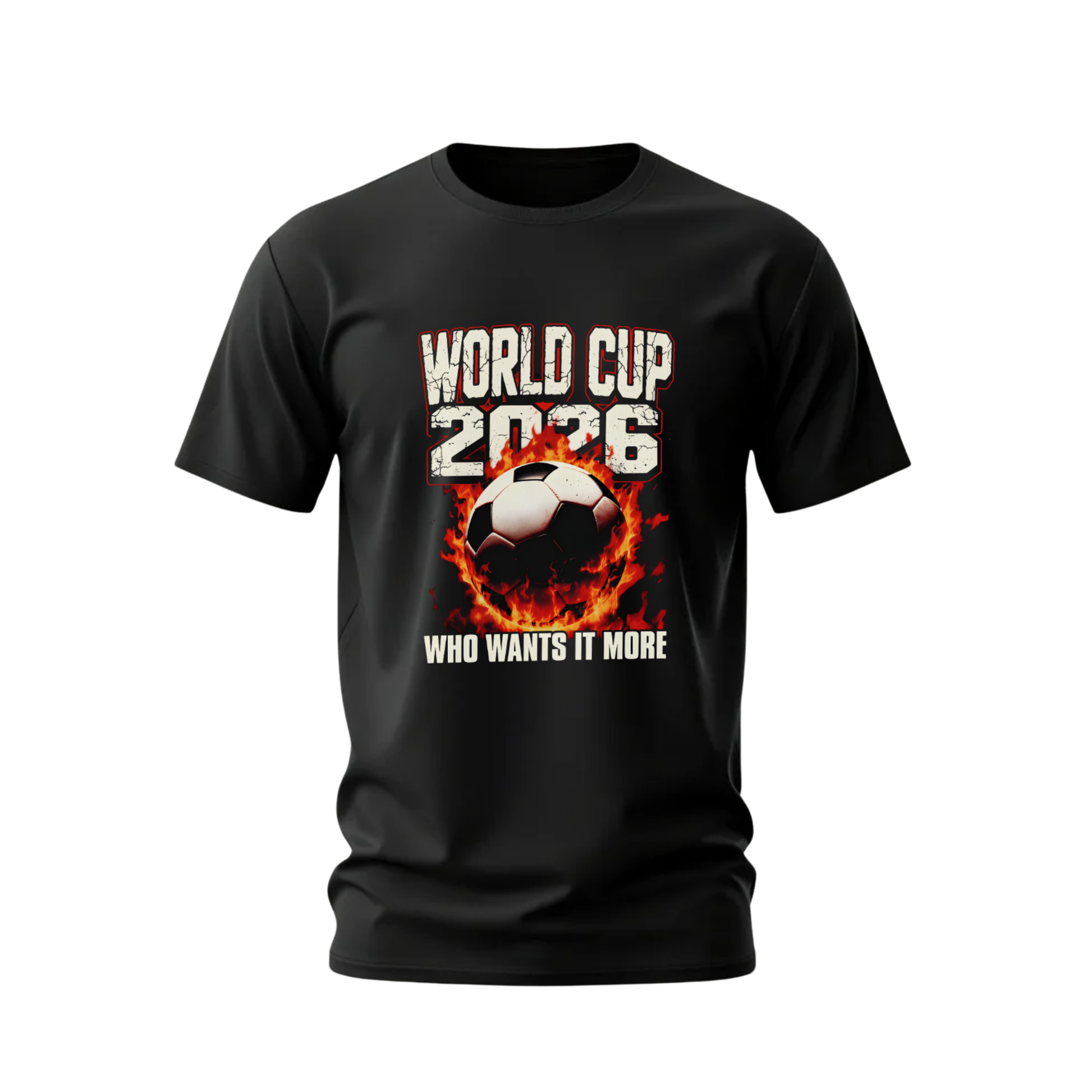 Black t-shirt with World Cup 2026 graphic design featuring a soccer ball on fire.