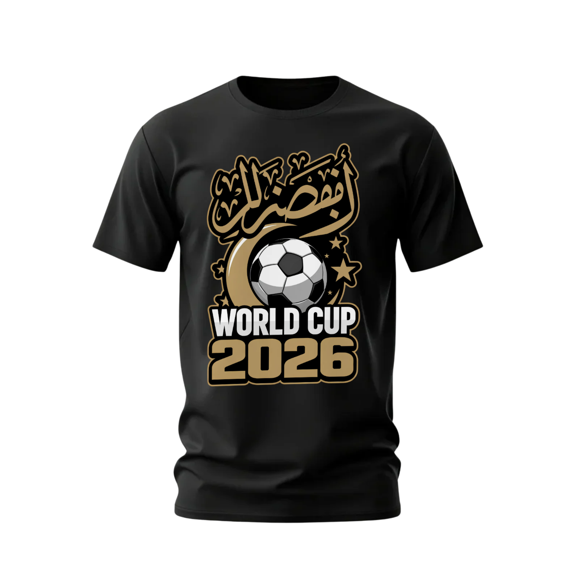 Black t-shirt with World Cup 2026 graphic design on a white background