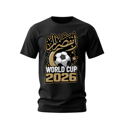 Black t-shirt with World Cup 2026 graphic design on a white background