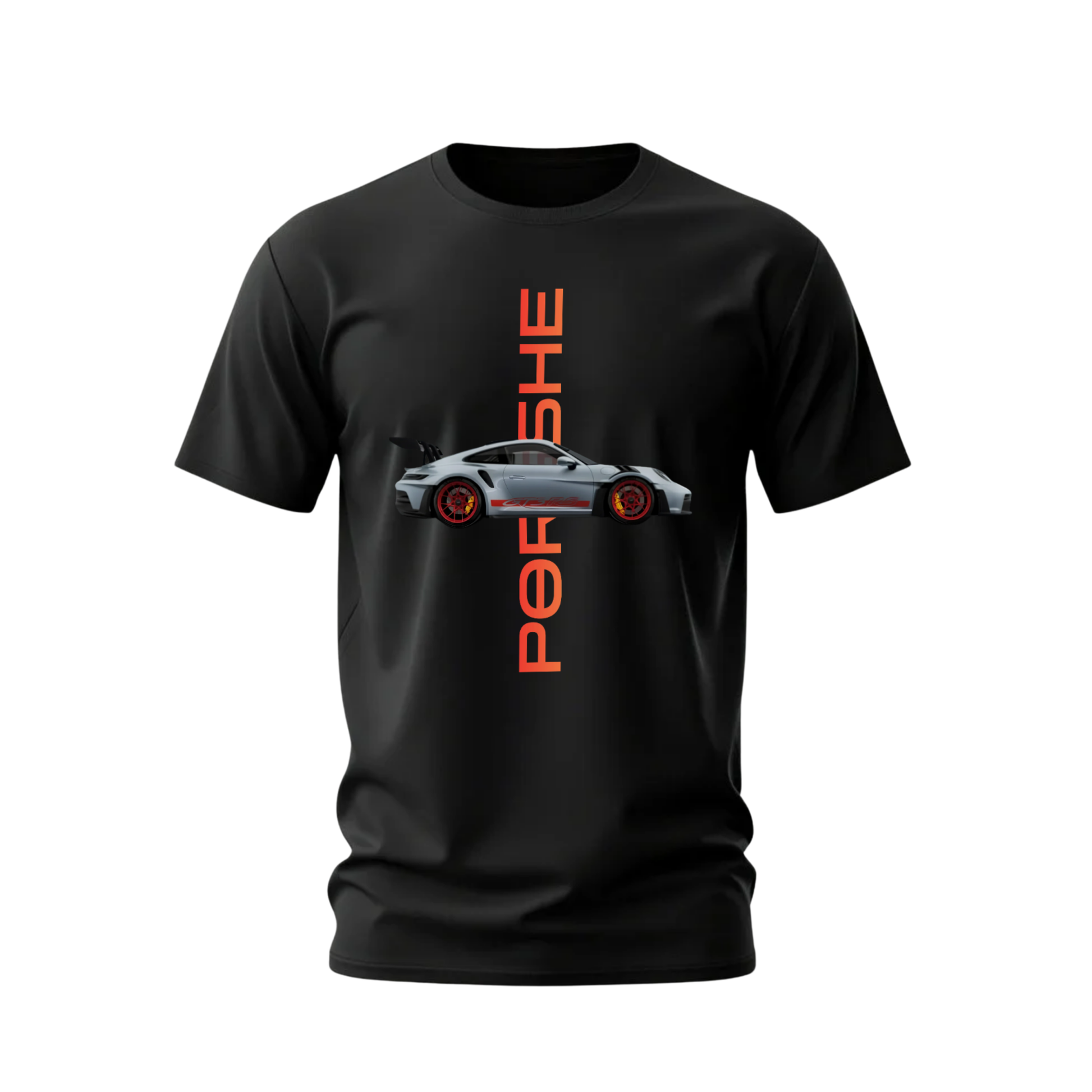 Black t-shirt with a Porsche car graphic and 'PORSCHE' text on a white background