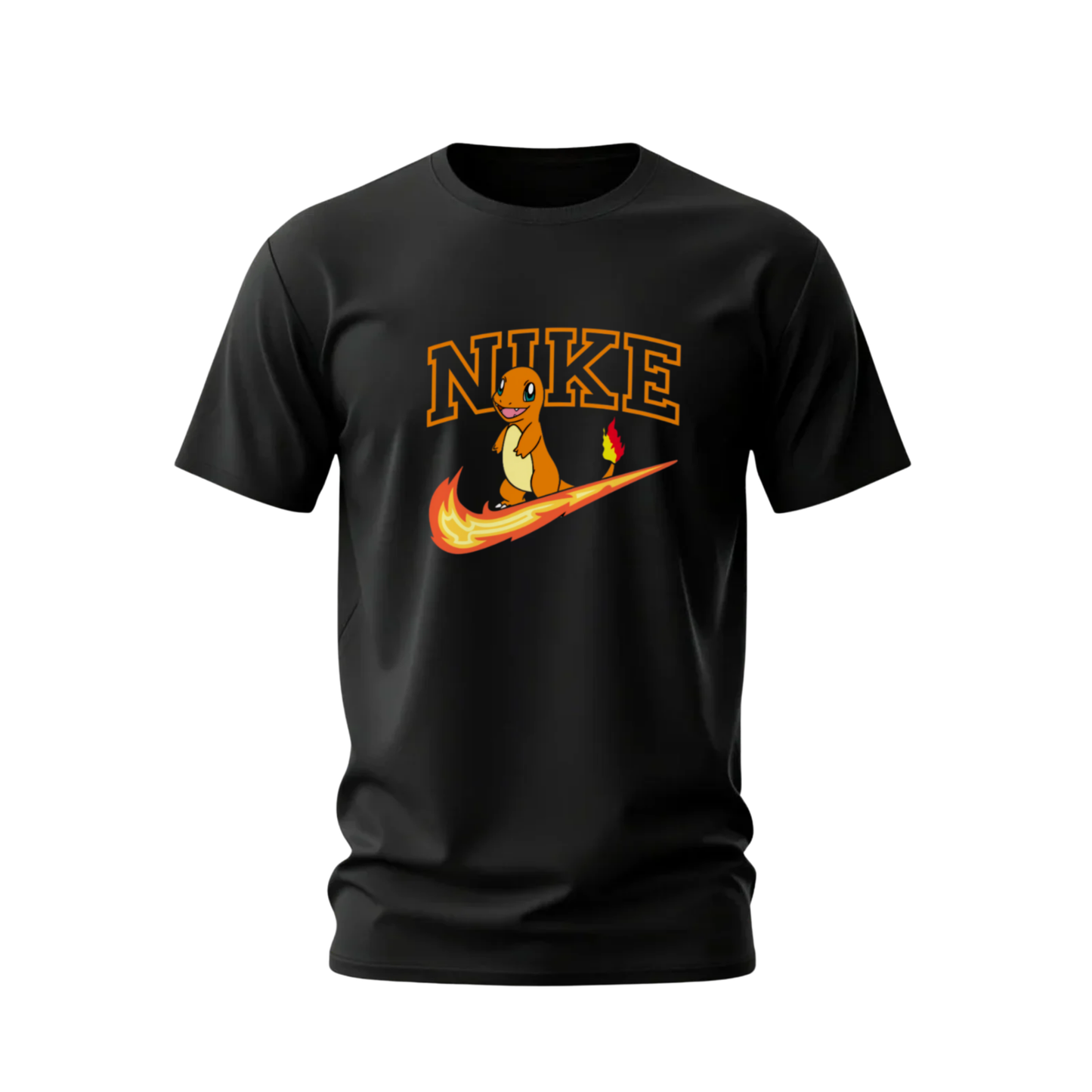Black t-shirt with a cartoon character and 'Nike' logo on a white background