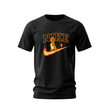 Black t-shirt with a cartoon character and 'Nike' logo on a white background