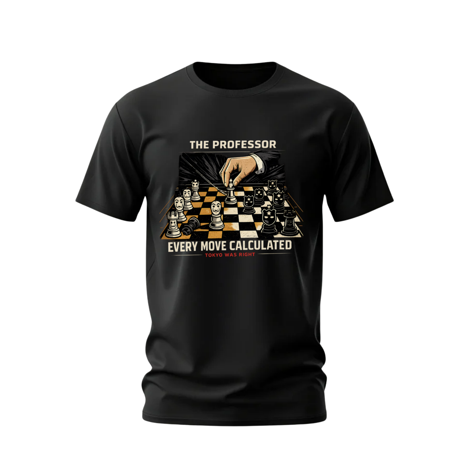 Black t-shirt with a chess-themed graphic and text on a white background