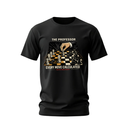 Black t-shirt with a chess-themed graphic and text on a white background