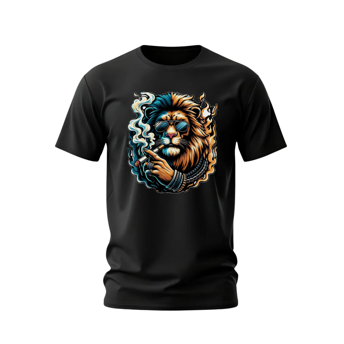 Black t-shirt with a colorful lion graphic wearing sunglasses and smoking a cigarette on a white background.