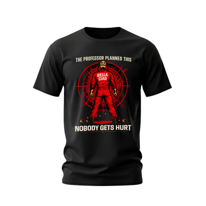 Black t-shirt with a graphic design featuring a person in a red suit and text on a white background