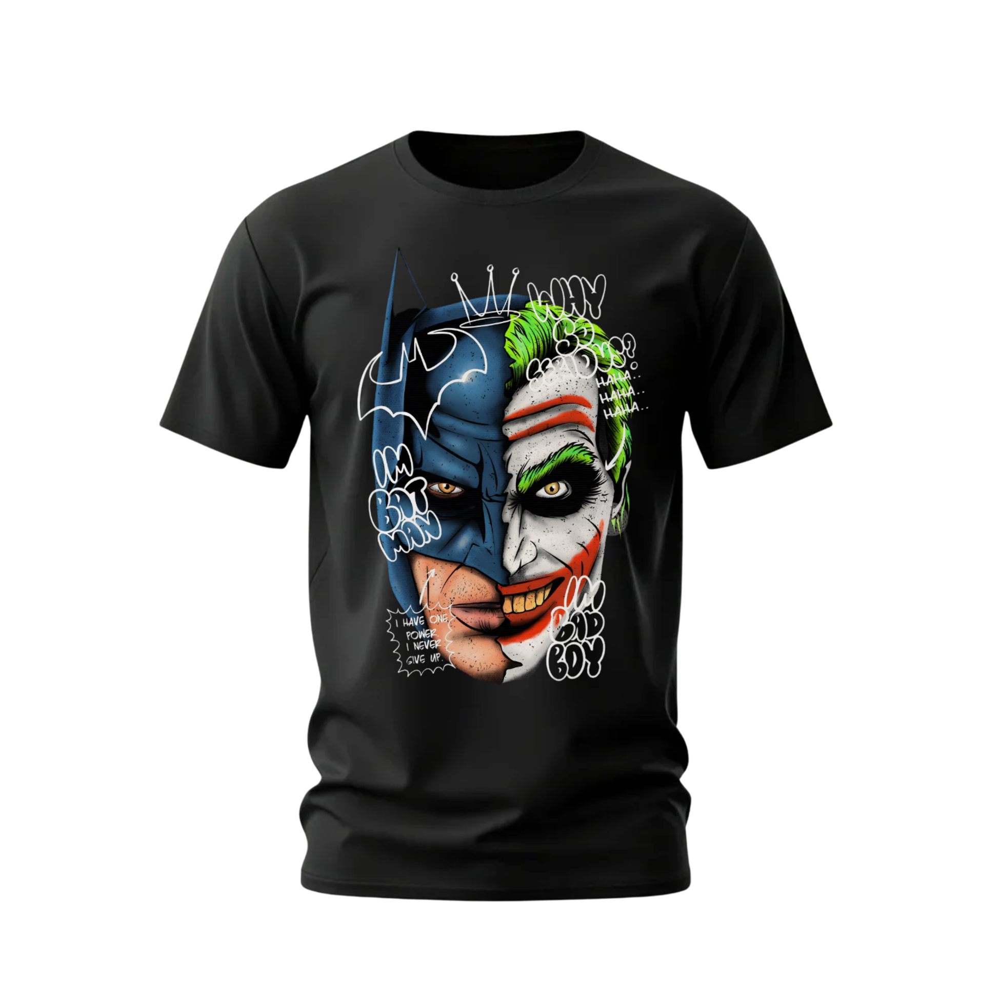 Black t-shirt with a graphic design of a face combining elements of Batman and the Joker on a white background.