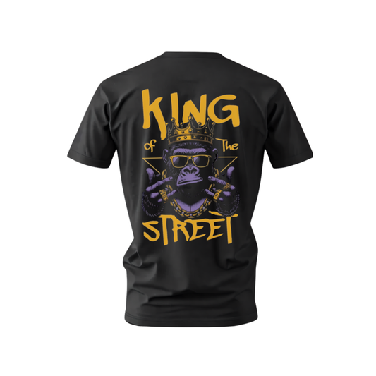 Black t-shirt with a graphic design of a monkey wearing sunglasses and the text 'King of the Street' on a white background.