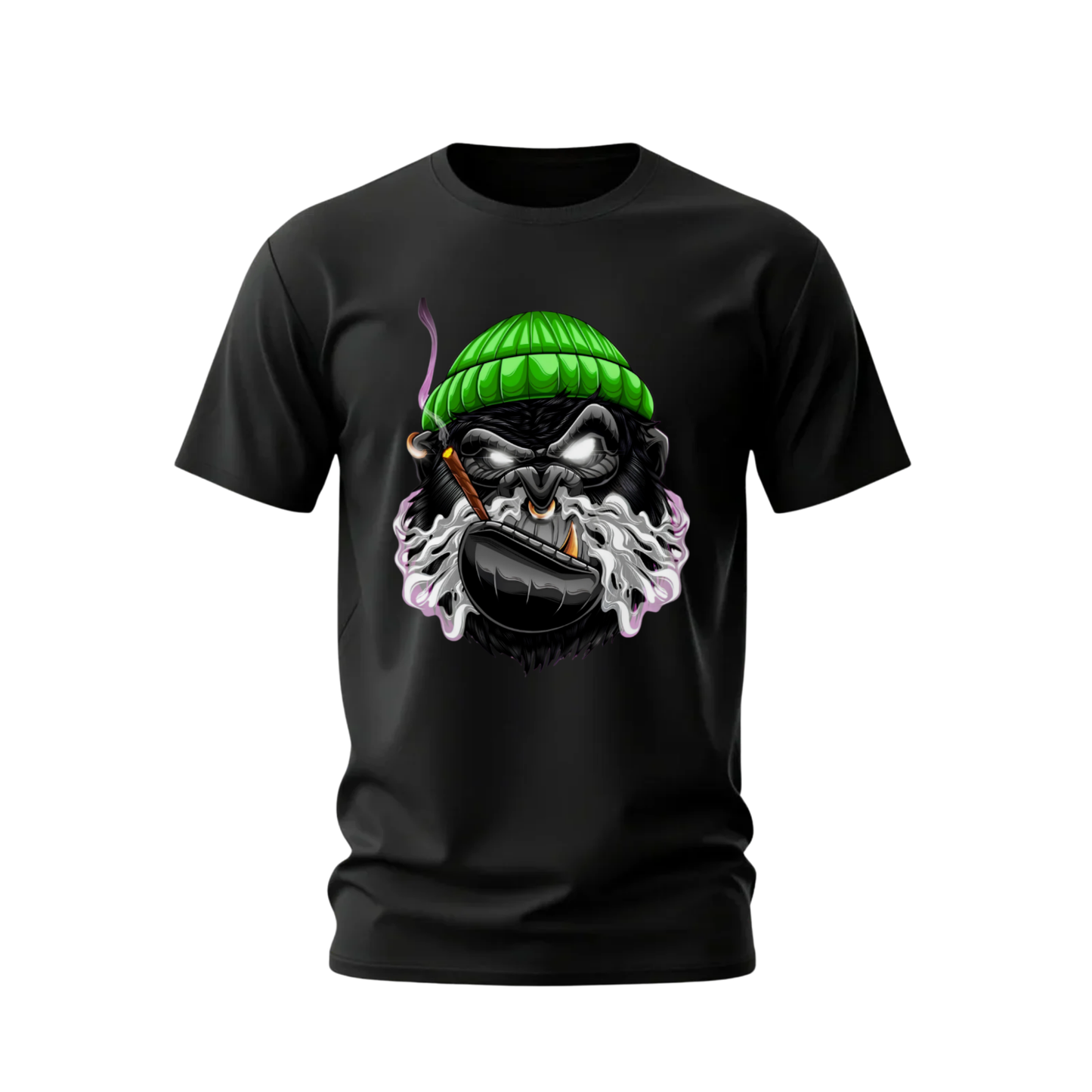 Black t-shirt with a graphic design of a skull wearing a green beanie on a white background