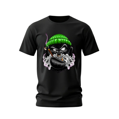 Black t-shirt with a graphic design of a skull wearing a green beanie on a white background