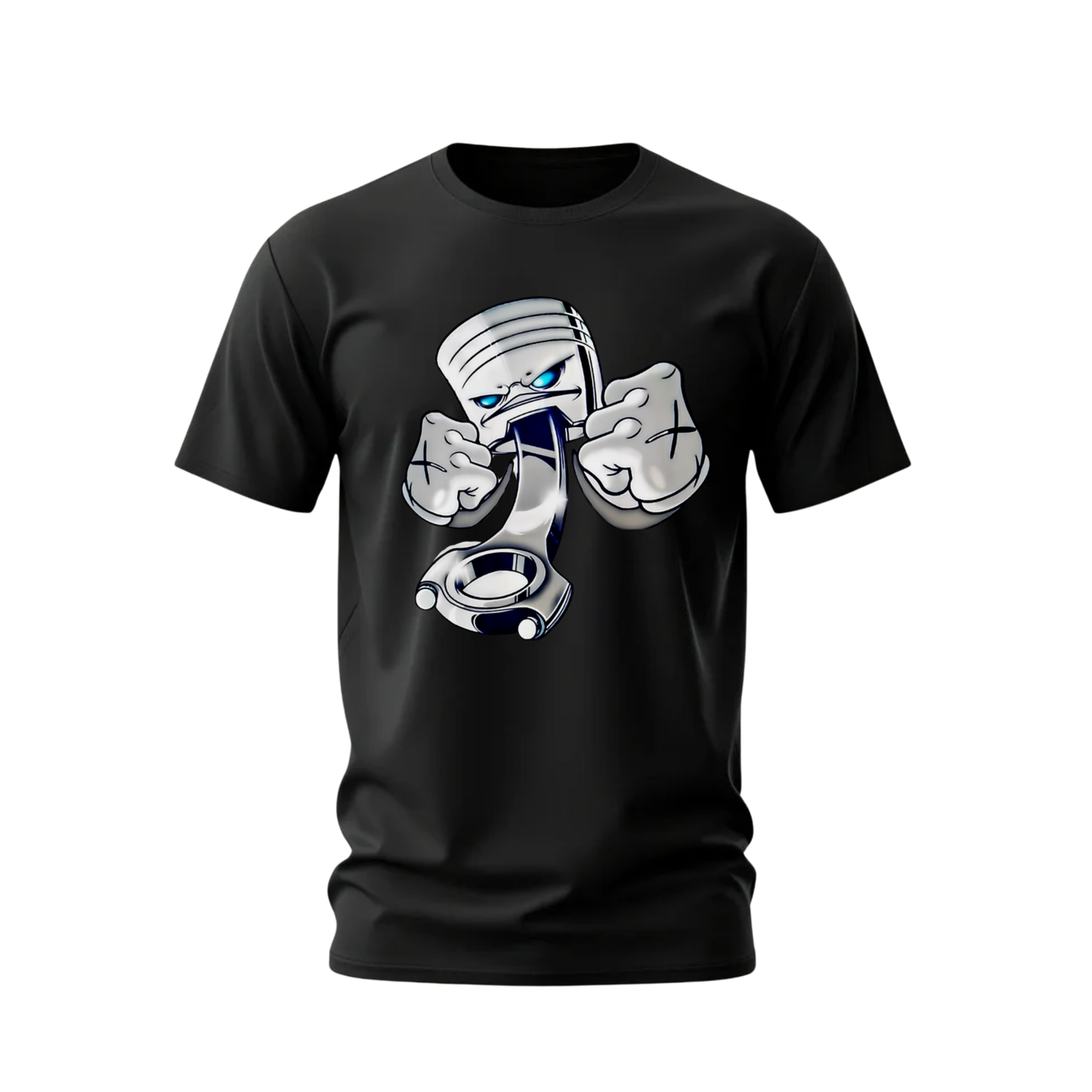 Black t-shirt with a graphic design on a white background