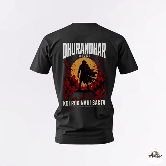 Black t-shirt with a graphic design on the back featuring text and a silhouette against a sunset background.