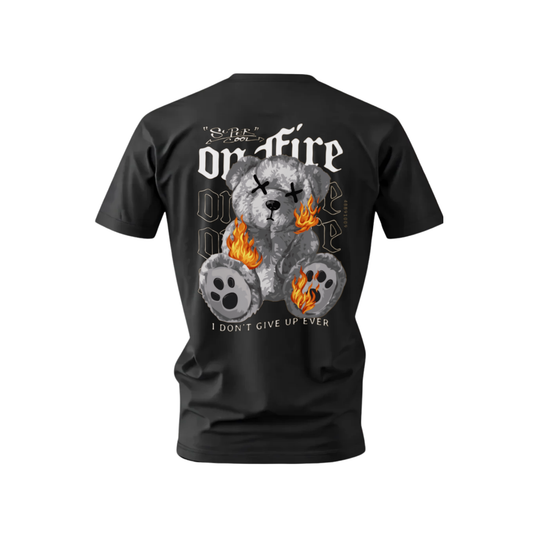 Black t-shirt with a graphic of a bear on fire and text on the back, displayed on a white background.