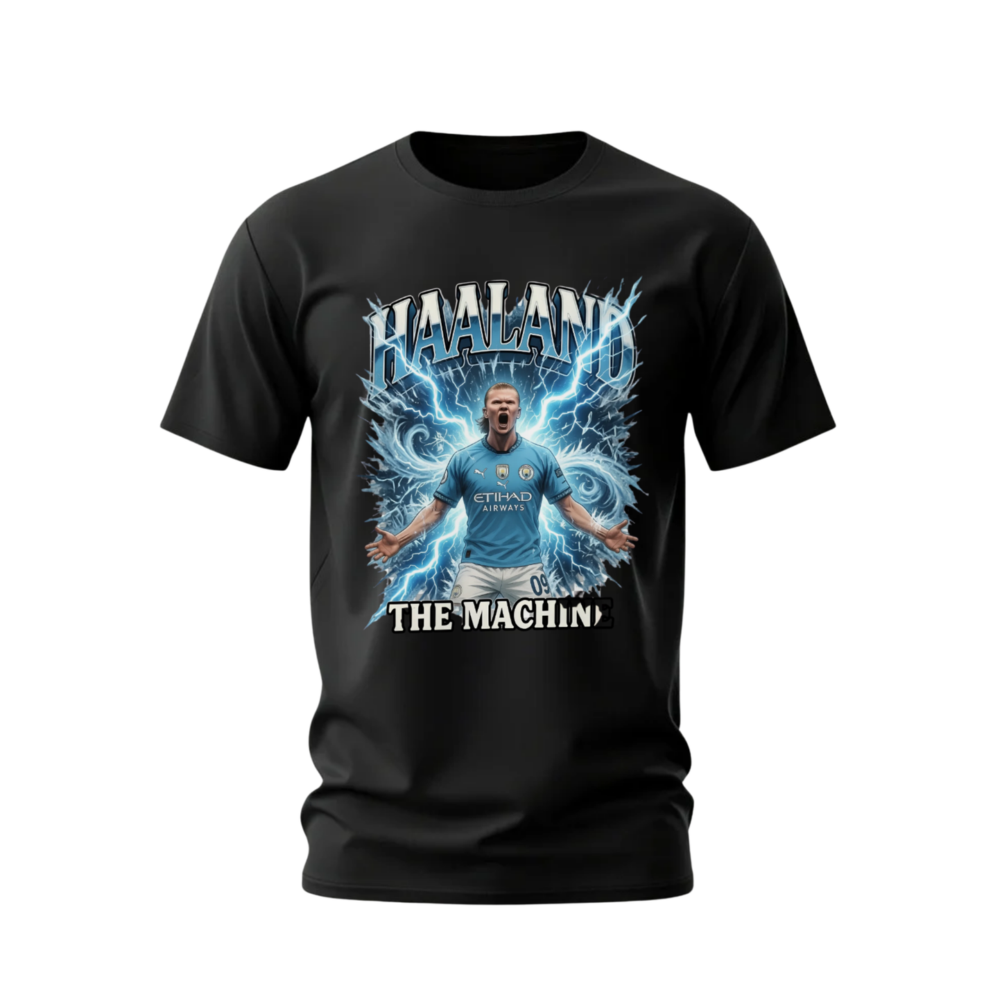 Black t-shirt with a graphic of a football player and text on a white background