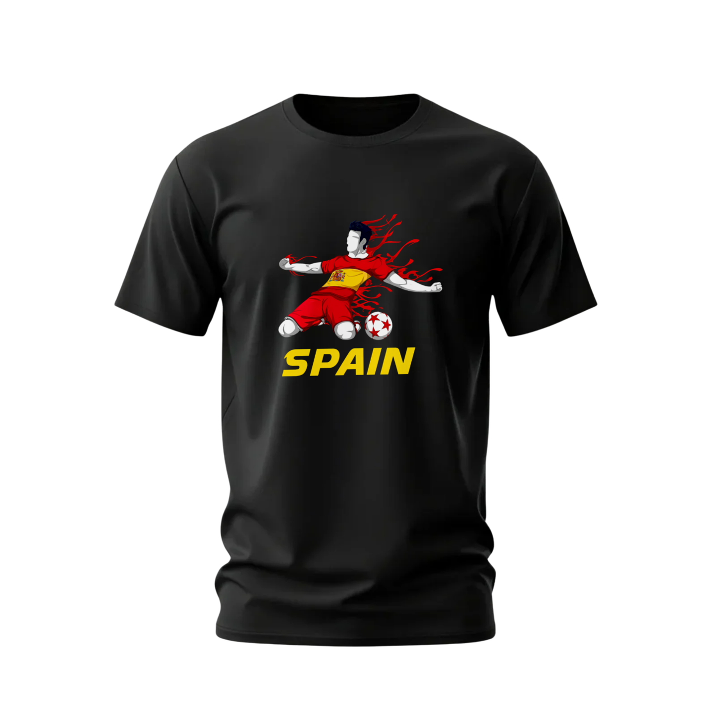 Black t-shirt with a graphic of a soccer player in red and yellow, kicking a soccer ball, with 'Spain' text on a white background.