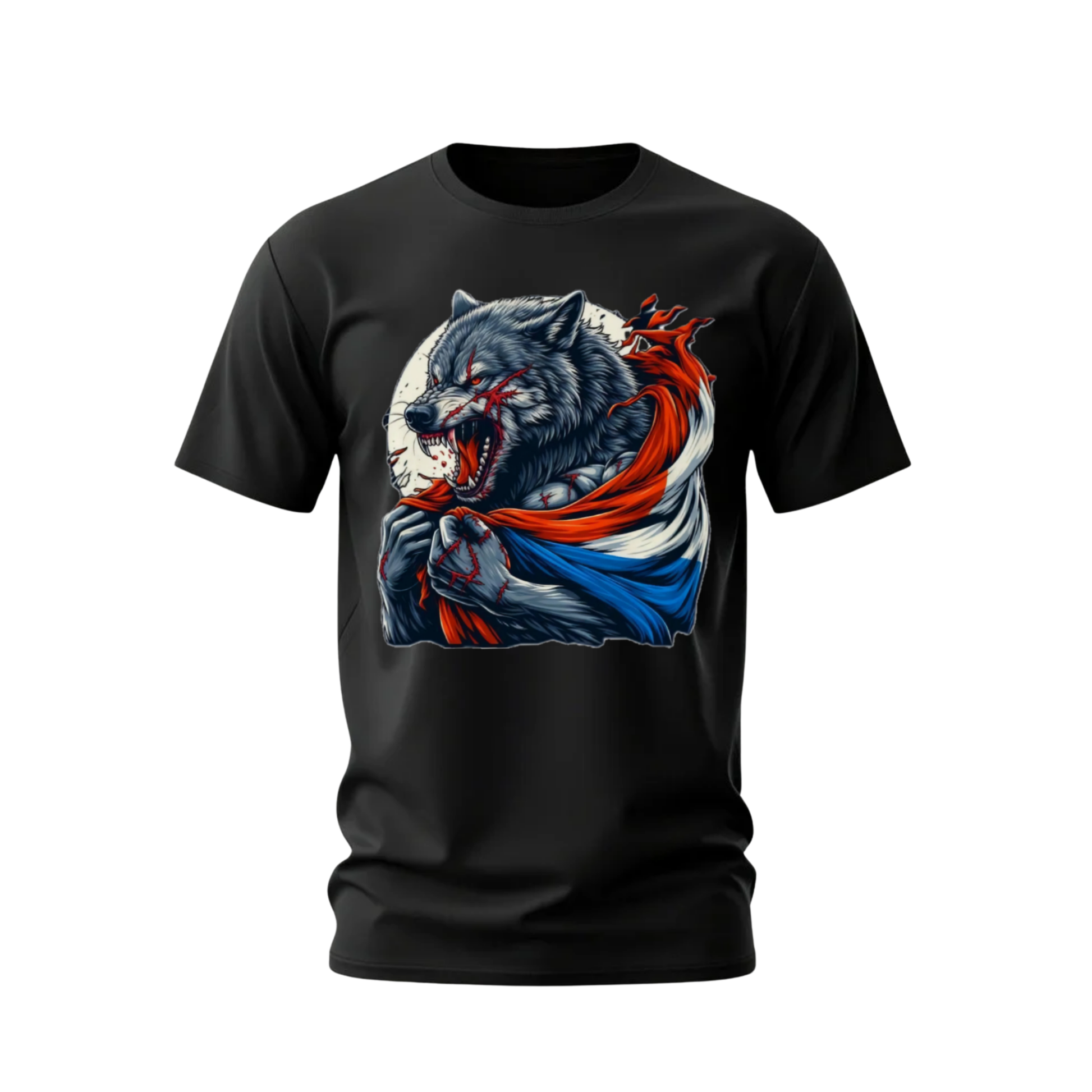 Black t-shirt with a graphic of a wolf holding an russian flag on a white background