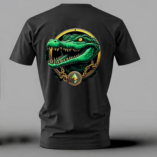 Black t-shirt with a green dragon design on the back against a gray background