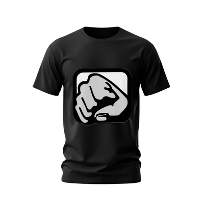 Black t-shirt with a white graphic of a fist on a white background
