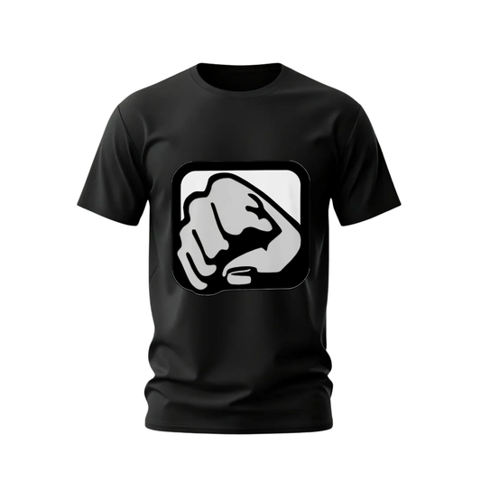 Black t-shirt with a white graphic of a fist on a white background