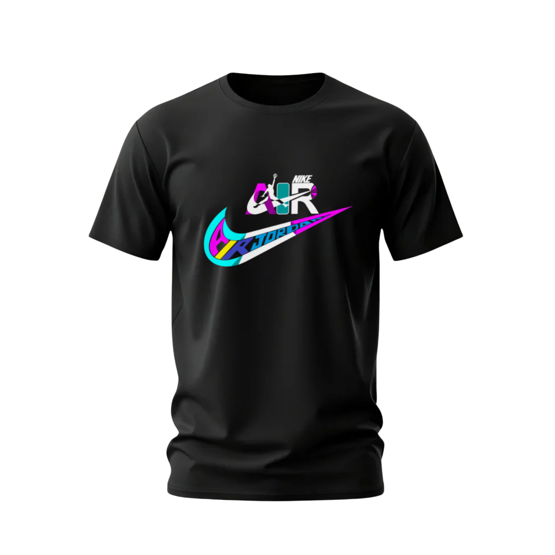 Black t-shirt with colorful logo on a white background