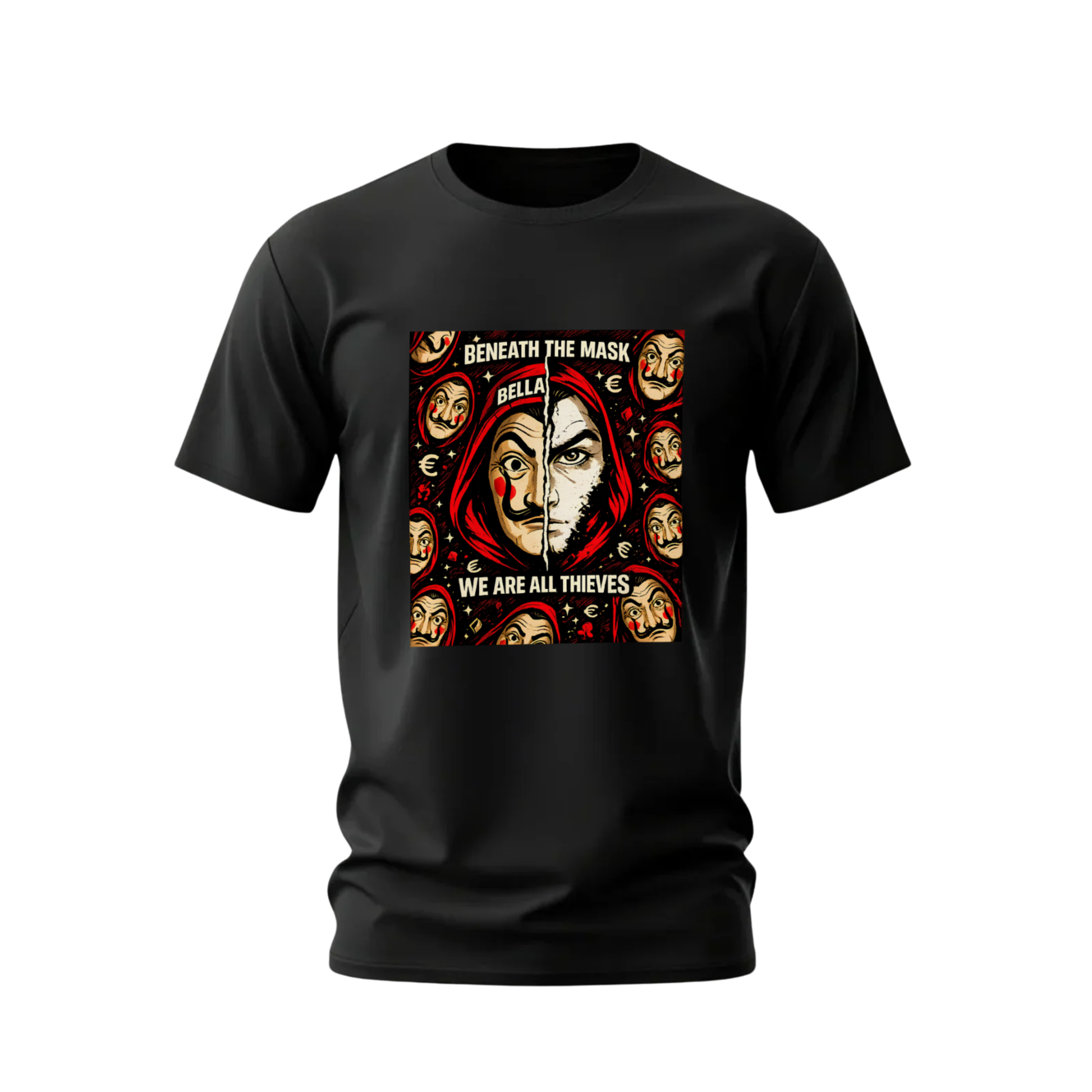 Black t-shirt with graphic design and text 'Beneath the Mask, We Are All Thieves' on a white background
