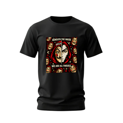 Black t-shirt with graphic design and text 'Beneath the Mask, We Are All Thieves' on a white background