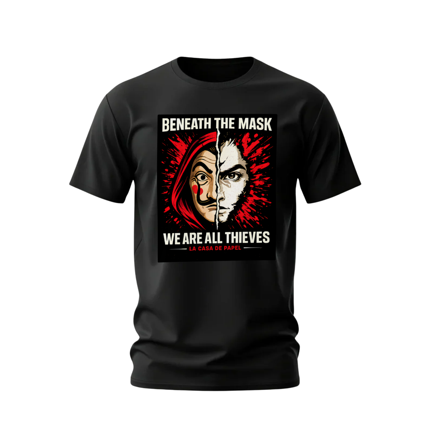 Black t-shirt with graphic design featuring a mask and text on a white background
