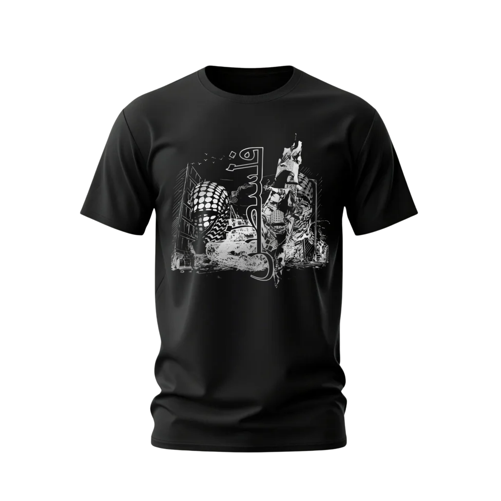 Black t-shirt with graphic design on a white background