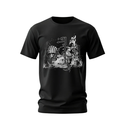 Black t-shirt with graphic design on a white background