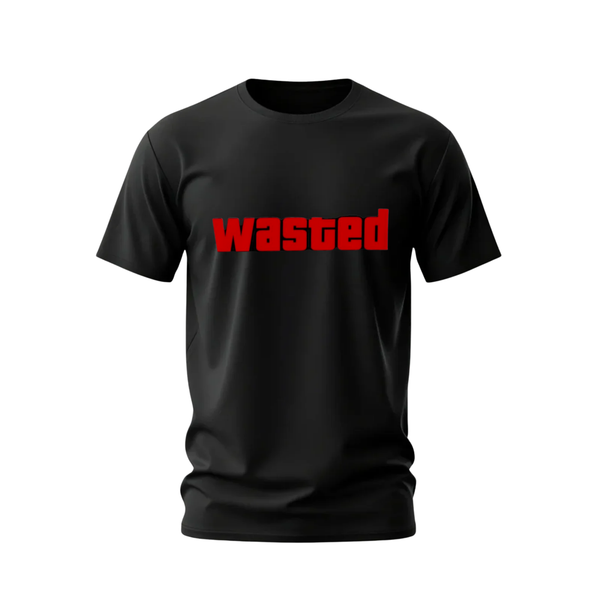 Black t-shirt with red 'Wasted' text on a white background