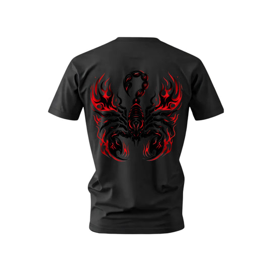 Black t-shirt with red and black tribal scorpion design on the back against a white background