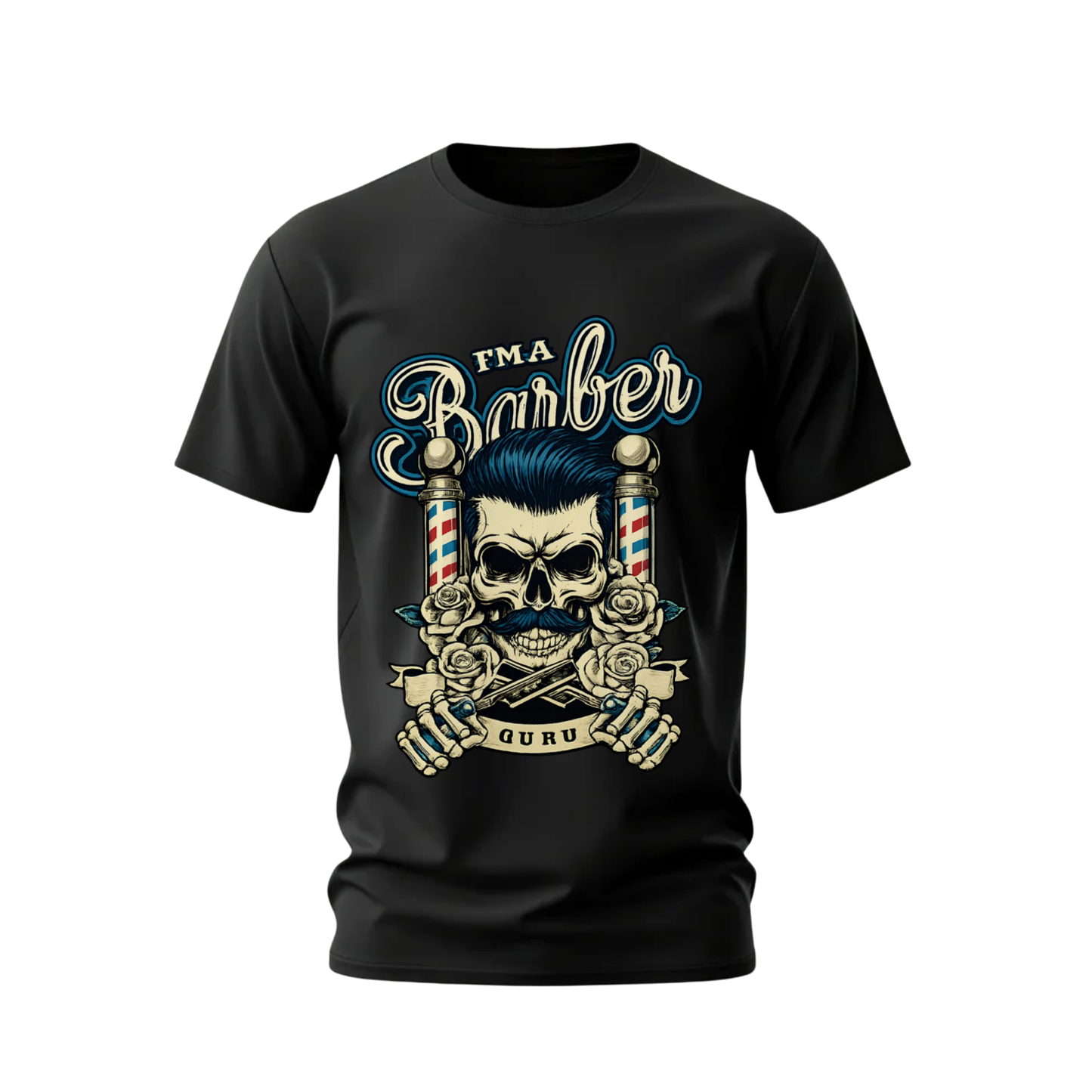 Black t-shirt with skull and barber-themed design on a white background