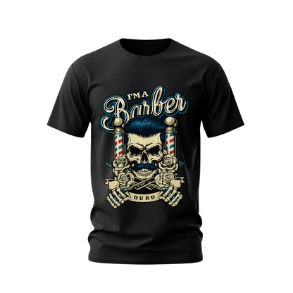 Black t-shirt with skull and barber-themed design on a white background