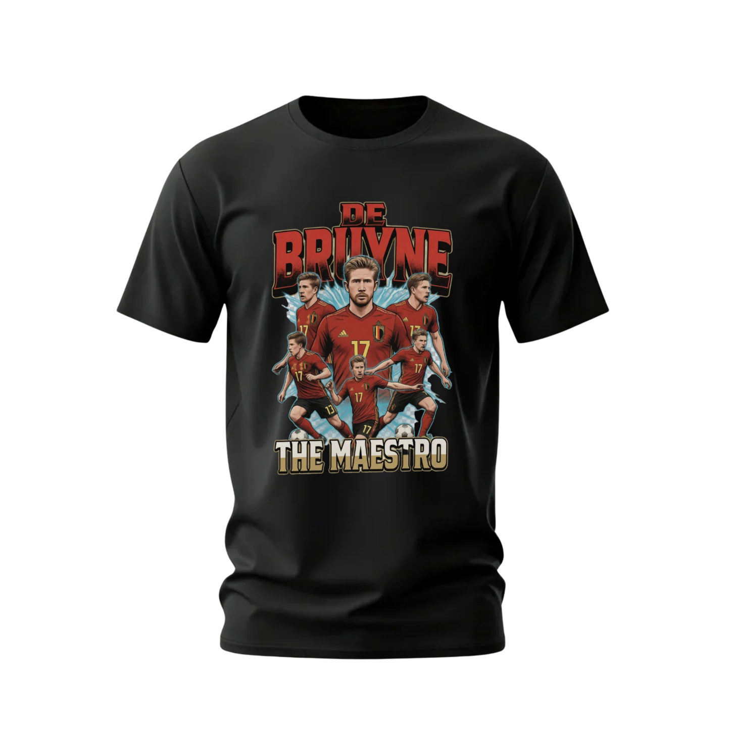 Black t-shirt with soccer-themed graphic and text on a white background