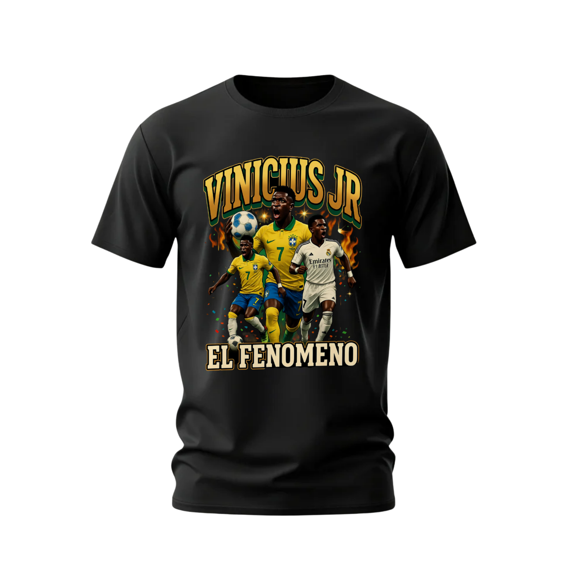 Black t-shirt with soccer-themed graphic and text on a white background