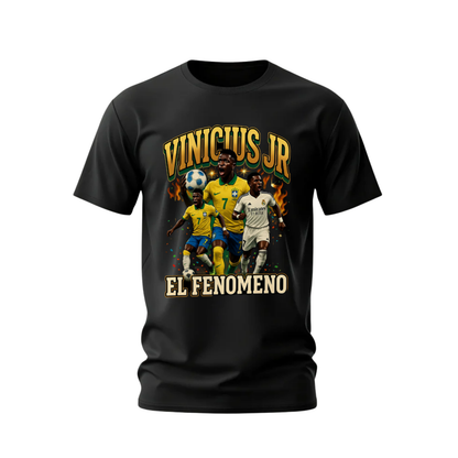 Black t-shirt with soccer-themed graphic and text on a white background