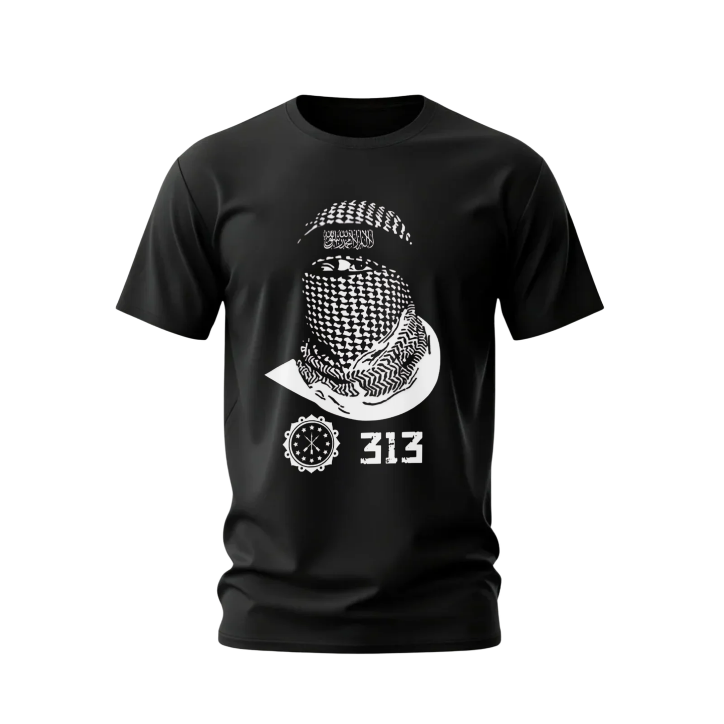 Black t-shirt with white graphic design on a white background