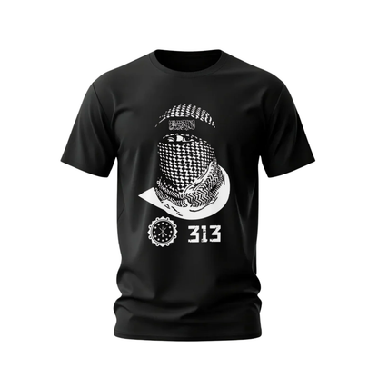 Black t-shirt with white graphic design on a white background