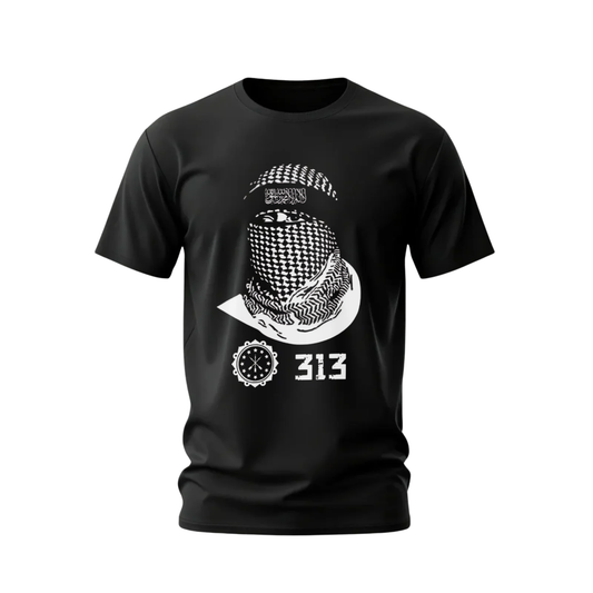 Black t-shirt with white graphic design on a white background