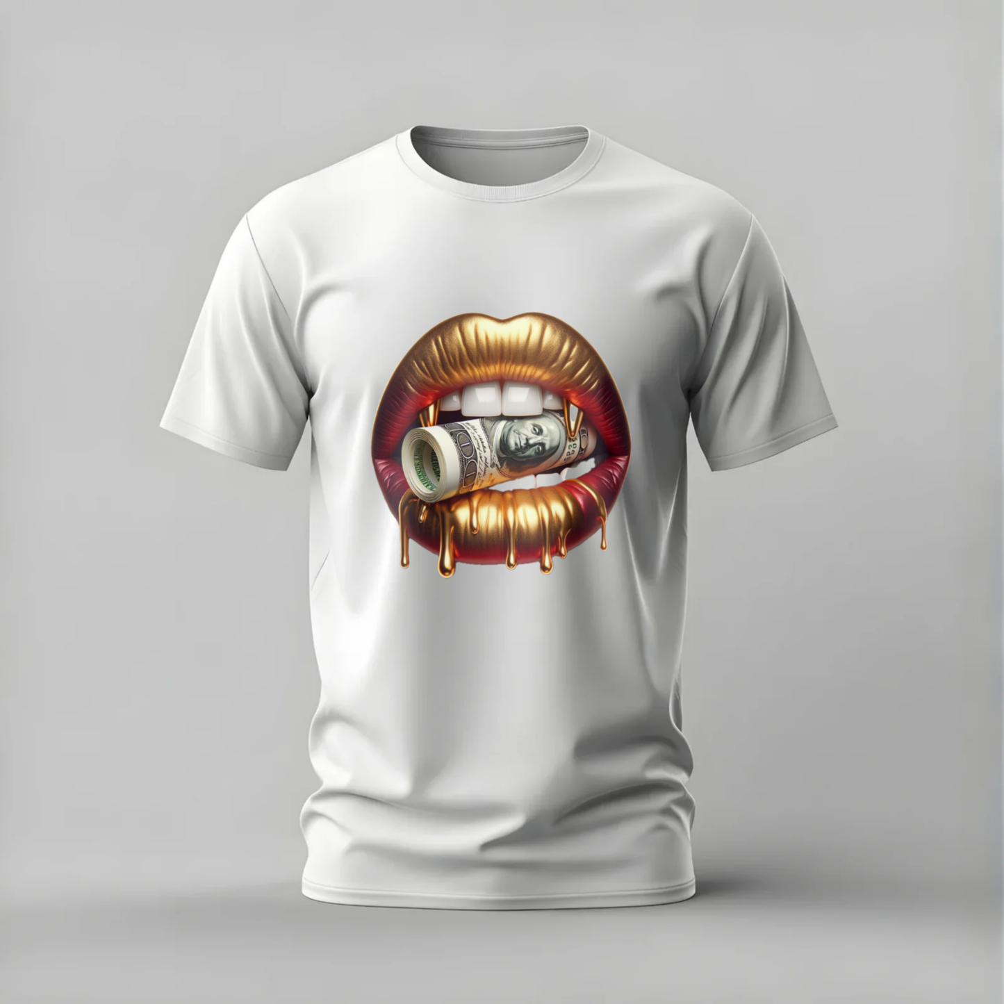 Bold Golden Lips T-Shirt with rolled $100 bill and dripping gold. Luxurious and edgy streetwear graphic on soft 100% cotton. Perfect statement piece.